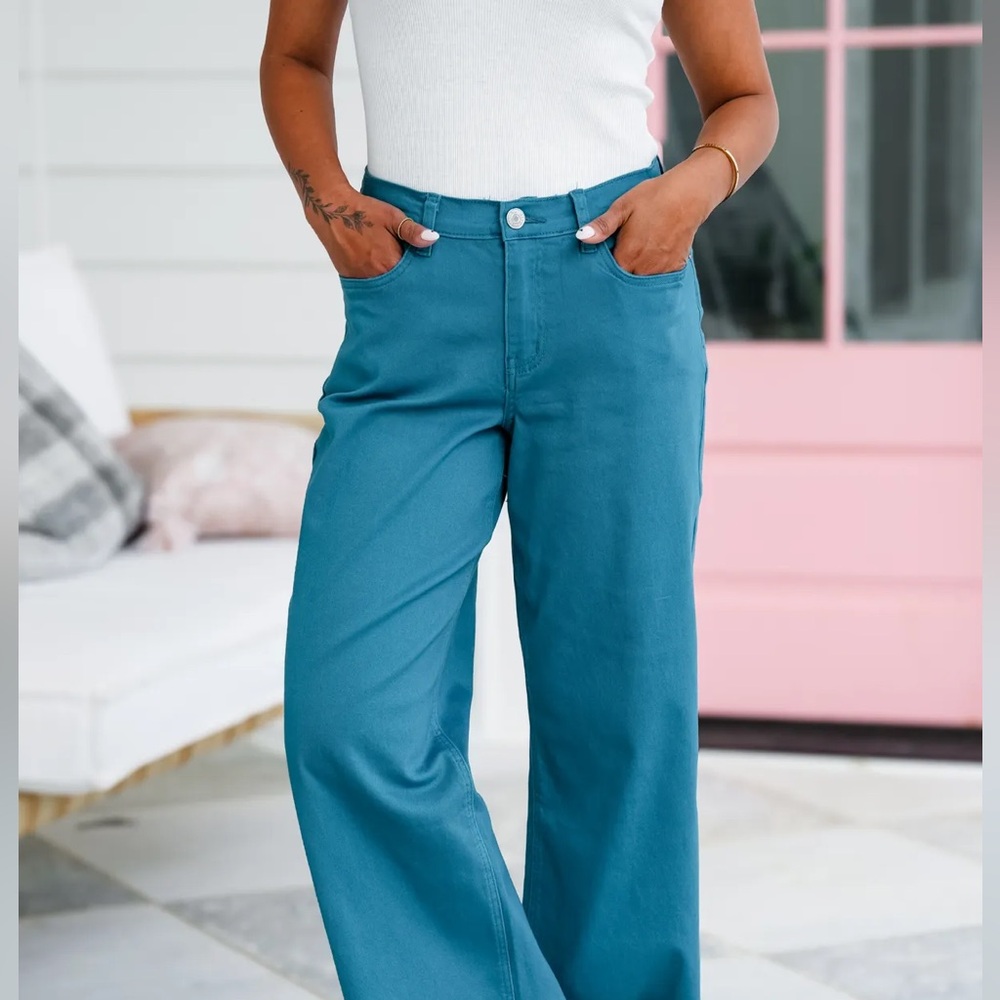 YMI Freckled Poppy USA High Rise Trouser Wide Leg Teal Green Jeans XL